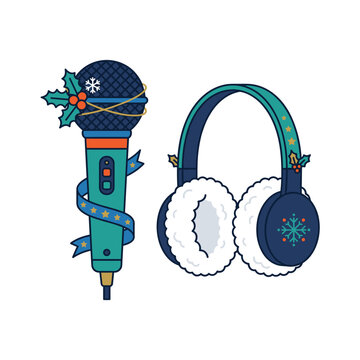 Winter microphone and earmuffs vector graphic with holiday decorations