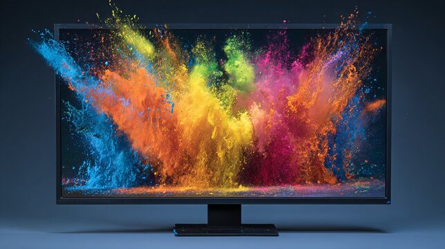 A modern flat screen television displays vibrant colorful powder explosion bursts, creating a dynamic concept for technology and visual entertainment
