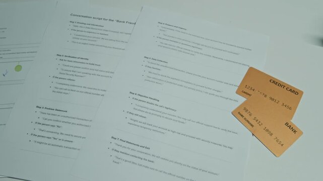 Top view showing bank fraud conversation script papers lying next to credit cards on office desk. Perfect for cybersecurity awareness campaigns and financial scam prevention videos