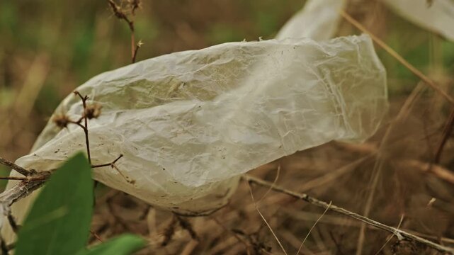 Close-up shot of discarded plastic waste and litter lying among dry grass in a rural field under soft overcast light.