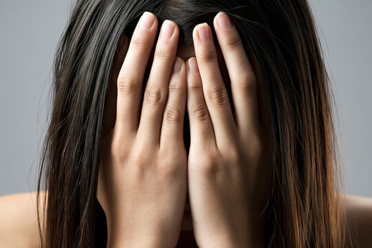 Woman with covering face with both hands hiding in shame, embarrassment and sadness concept.