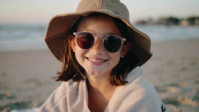 Smiling kid wrapped in towel tilting head from mild breeze on beach, with floppy-hat and sunglasses