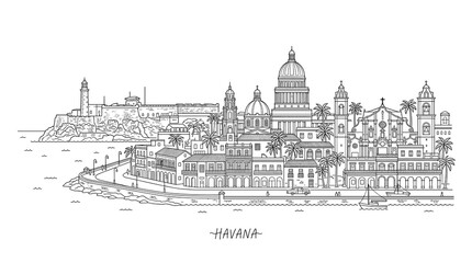 Obraz premium Havana Cityscape Skyline - Vintage Line Art Illustration