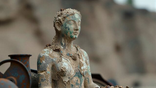 Ancient weathered statue amidst desert ruins, hinting at lost history and time's passage.