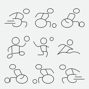 Outline sports icon set with stick figures and wheelchair athletes.