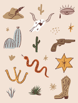 Boho wild west western clipart set featuring cowboy hat, bull skull, crying eye, cactus, revolver gun, snake, horseshoe, sheriff star, boot and celestial elements in rustic vector bundle design