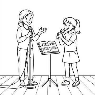 Woman and girl singing into microphones coloring page