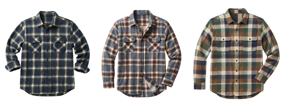 Three casual flannel shirts featuring classic plaid patterns and button down collars with long sleeves presented for professional retail catalog display styles on transparent background.