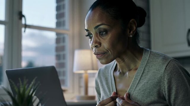 Hands reaching woman in cardigan opening laptop lid at home desk leaning checking screen