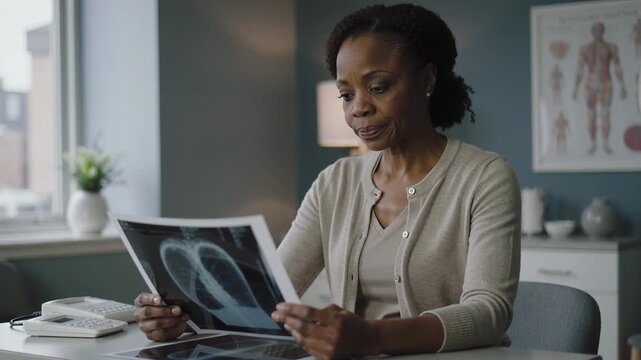 Picking up chest X-ray doctor wearing tan cardigan reviewing scans in exam room