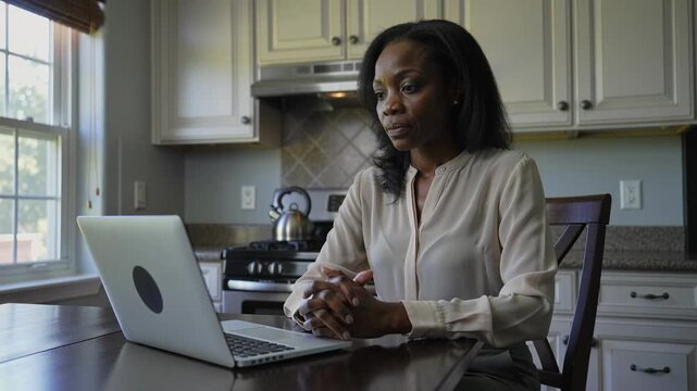 Starting work, sitting woman in beige blouse focusing on silver laptop at kitchen table