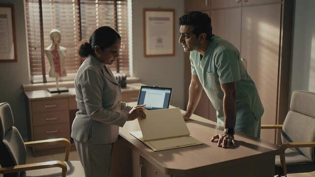 Placing folder admin paging file at clinic desk doctor in scrubs leaning reviewing chart on laptop