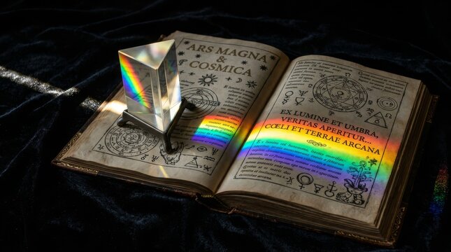 Aesthetic studio shot of a crystal glass prism reflecting a vibrant rainbow light spectrum onto the pages of an open vintage alchemy book with mystical diagrams and Latin text on dark velvet.