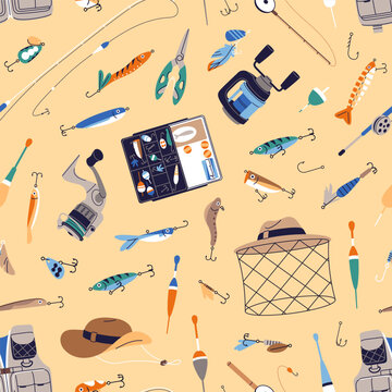 Repeatable pattern of fishing gear, fishery tackles. Endless background of fish baits, angling rods, bobbers, hooks, line reels, lures and fisherman accessories. Flat seamless vector illustration