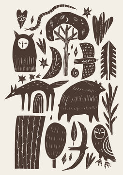 Weirdcore cottagecore mystical linocut forest animal set featuring bear, wolf, owls, spirit creature, snake, flying birds, eye heart, trees, crescent moon, and celestial stars in esoteric vector