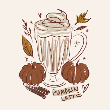 Cozy autumn pumpkin spice latte with whipped cream cinnamon sticks vintage hand drawn cottagecore illustration 