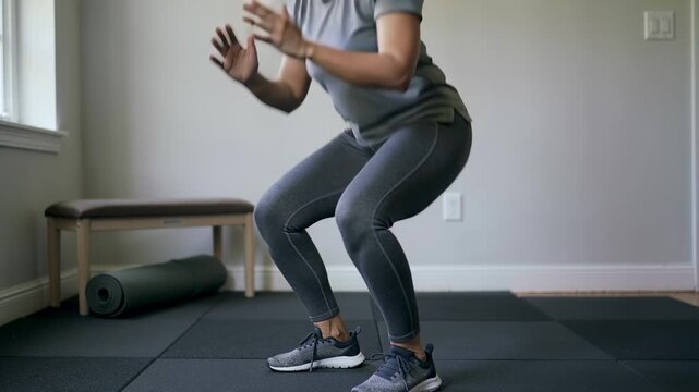Starting standing, woman lowering into squats at home for fitness, in grey leggings with rolled mat