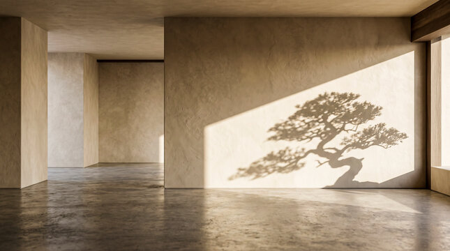 Minimalist interior room mockup with japanese bonsai tree shadow cast on warm beige plaster wall