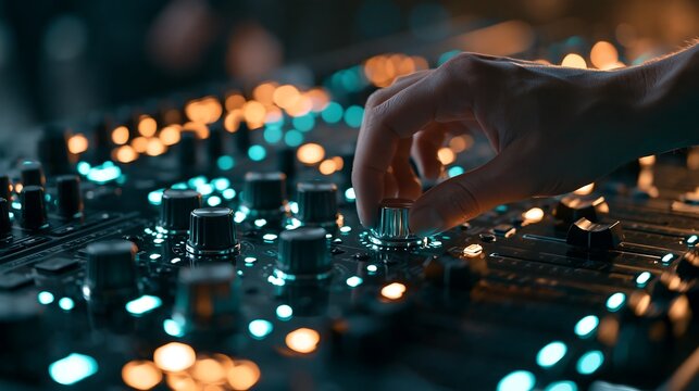 Close-up of DJ hand adjusting audio mixer knob with glowing blue and orange lights in studio