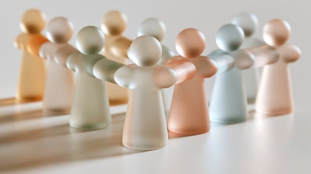 Minimalist frosted glass figurines holding hands in a circle symbolizing unity and teamwork