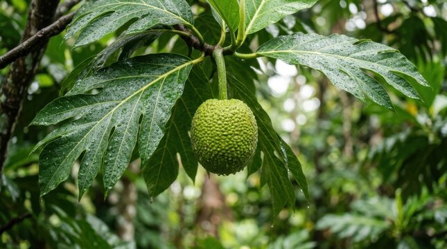 Close up of a green breadfruit hanging from a branch of a tropical tree with large leaves