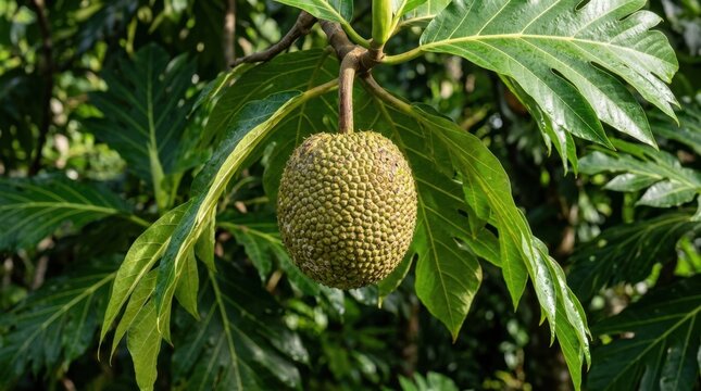 Unripe breadfruit hanging from a branch surrounded by large green leaves in a tropical setting
