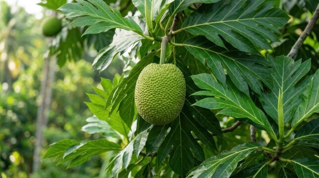 Unripe breadfruit hanging from a tree branch with large green leaves in a tropical setting