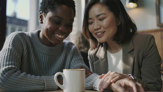 Softly speaking beige-blazer woman comforting sweatered friend, leaning at cafe window with mug
