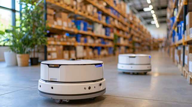 Two small autonomous logistics robots navigating a pristine warehouse aisle, enclosed white storage compartments mounted on low wheeled platforms, orderly shelves filled with boxes and containers, b