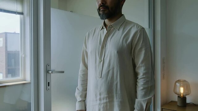 Seeing uneven buttons, man in light shirt smoothing shirt, checking collar, pulling hem by window
