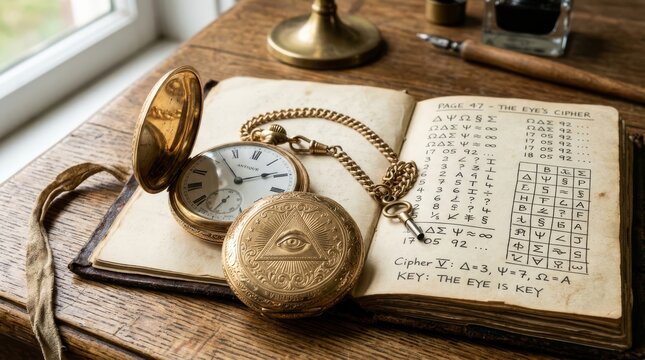 Detailed view of an antique golden pocket watch with an engraved eye of providence symbol resting on an old manuscript filled with mysterious ciphers, codes, and esoteric symbols on a wooden desk