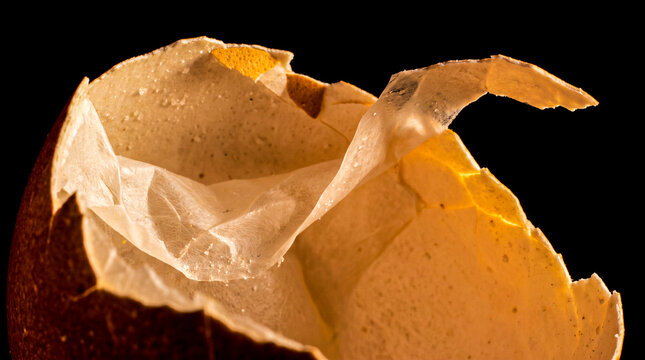 Macro photography of broken eggshell revealing delicate inner membrane on dark background