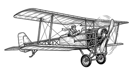 Vintage Biplane with Pilot, Engraving Style © permana