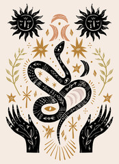 Fototapeta premium Witchy mystical weirdcore serpent snake held by hands, featuring suns with faces, moon phases, leaves, and celestial eye stars in esoteric linocut vector illustration