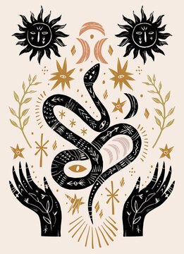Witchy mystical weirdcore serpent snake held by hands, featuring suns with faces, moon phases, leaves, and celestial eye stars in esoteric linocut vector illustration