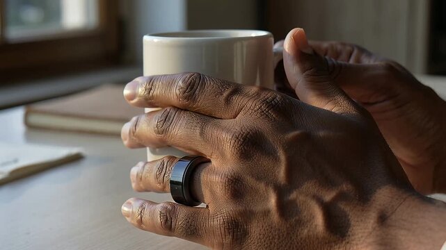 Adjusting adult male hands shifting grip on white mug after right grip beside window, steadying mug