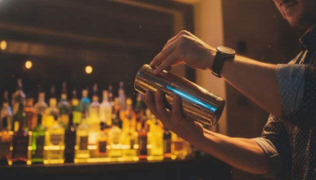 Professional bartender holding a cocktail shaker in a bar with illuminated shelves of bottles in the background