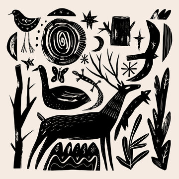 Doodles mystical weirdcore cottagecore woodland set featuring stag deer, swan, lizard, butterfly, birds, tree stump, crescent moon, and celestial stars in esoteric linocut vector illustration