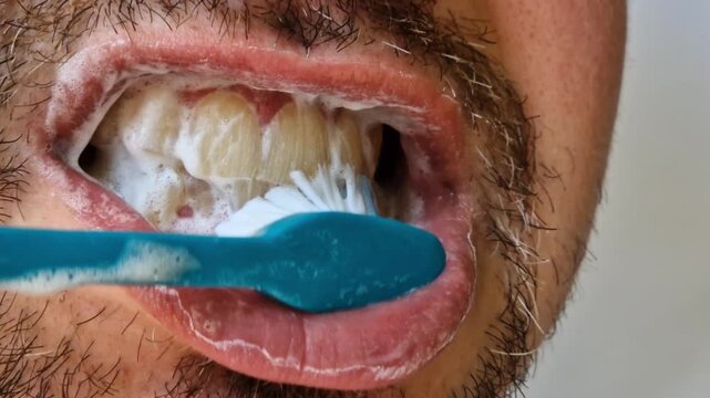 A man brushes his teeth, daily oral care, personal hygiene, toothpaste. The process of brushing teeth with a brush close-up, dental hygiene and dental care tools. Close-up of the oral cavity