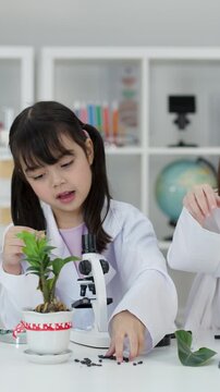 Asian Elementary School Girls Studying Plants in Science Laboratory