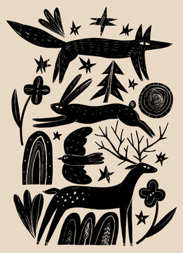 Mystical linocut forest animal clipart set featuring stag deer, wolf, running hare rabbit, flying bird, arch portal, pine tree, flower, and magic stars in esoteric folk weirdcore cottagecore art 