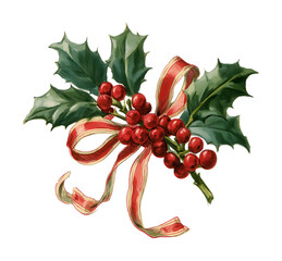 Obraz premium PNG Watercolor holly leaves with red berries and festive ribbon on cream background