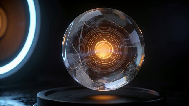 Powering internal core, glass sphere hovering above lab base, rotating, showing cracks for testing