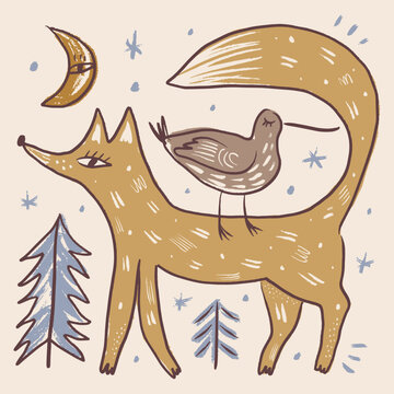 Woodland mystical winter fox standing with bird riding on back, pine trees, crescent crescent moon face, and falling snow stars in naive folk weirdcore cottagecore vector illustration