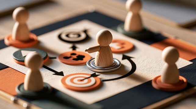 Wooden pawn figures on strategic board game with arrows and target symbols for business planning