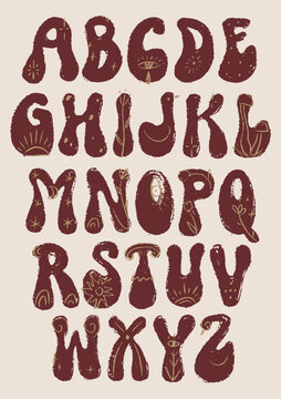 Hippie custom bohemian groovy postmodern funky font 1960s in boho psychedelic style. Mystical celestial english alphabet set featuring chunky letters decorated with eye symbol, mushrooms and flowers