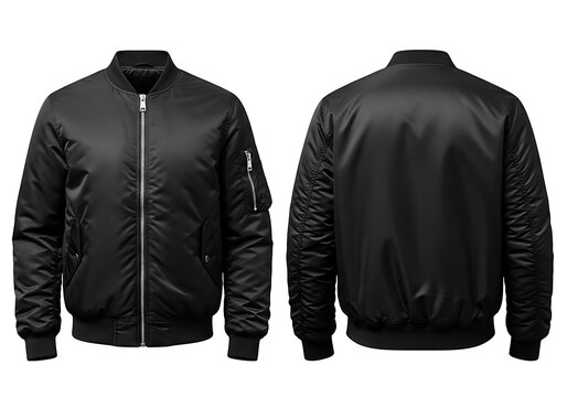Classic black bomber jacket mockup showing front and back views isolated on white background outerwear isolated on a transparent background