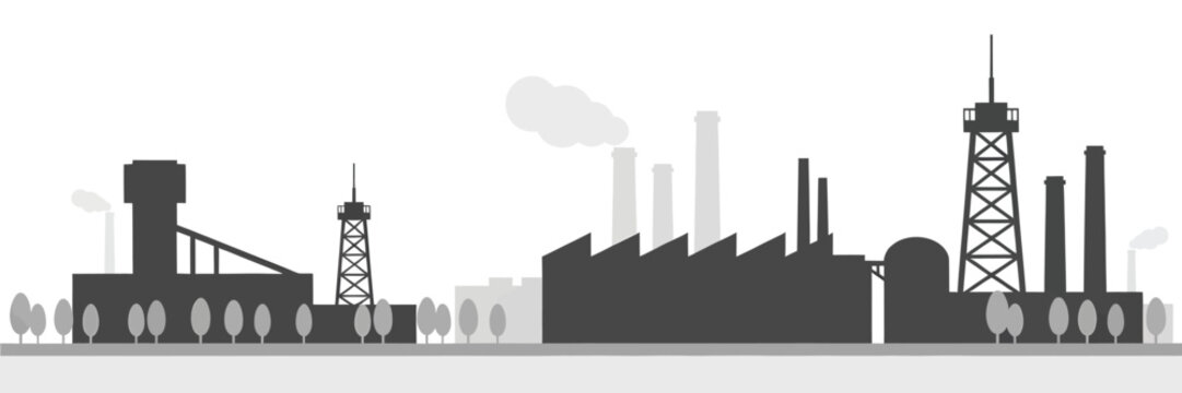 Industrial factory skyline silhouette with smoke stacks isolated on white background, Vector, illustration