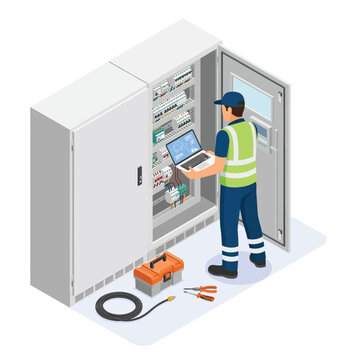 Technician checking electrical cabinet with a laptop isolated on white background, Vector, illustration