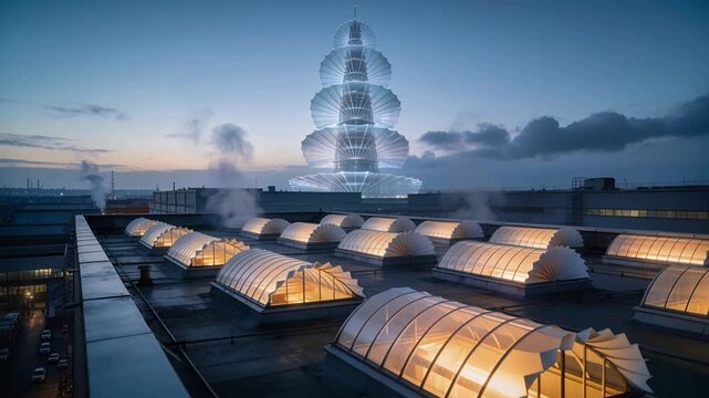 Shifting camera revealing dusk-lit skylights on roof, vents steaming, distant tower pulsing